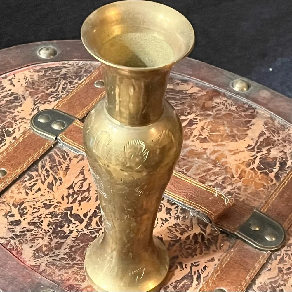Vintage Fluted Solid Brass Flower Vase 7.5 Inches Tall Lovely Etched Design